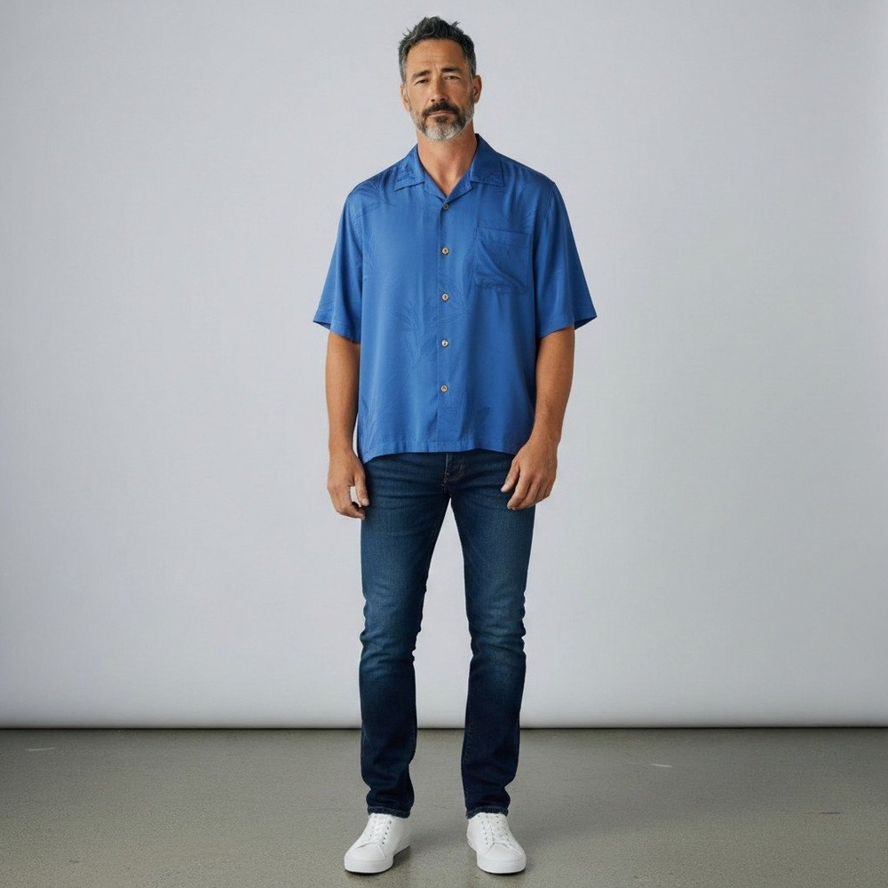 Tommy Bahama Silk Camp Shirt – XL‎ Blue Palm Print, Hawaiian Short Sleeve